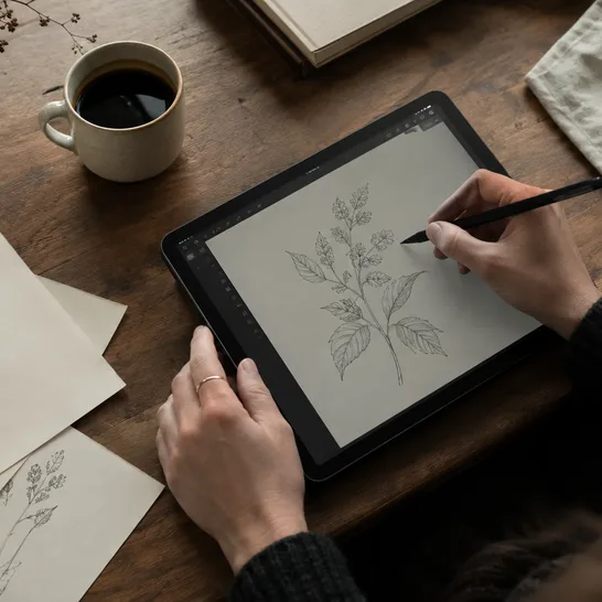 Hands drawing a fine-line botanical design on a tablet at a desk