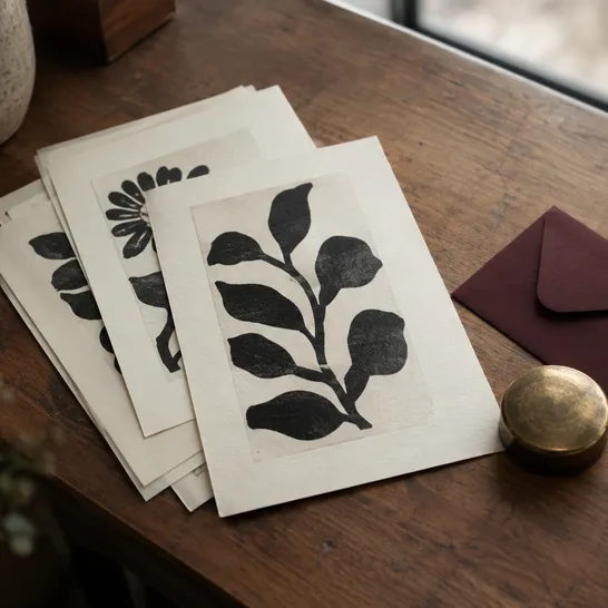 Screen-printed prints in black ink on cream paper, fanned on the counter