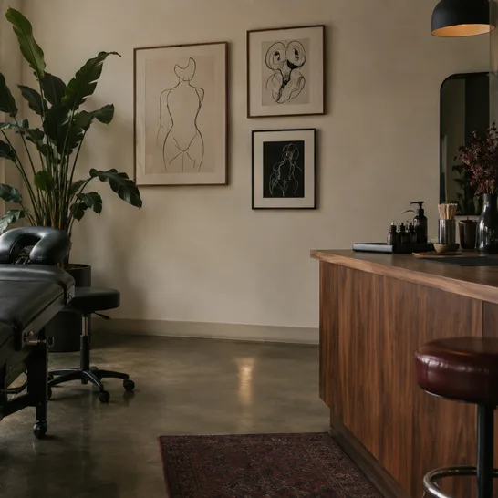 The studio counter and plant, seen from the far side of the room
