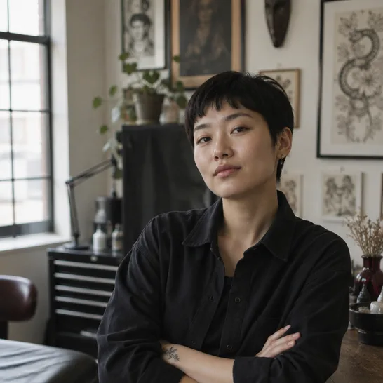 Rosa Venn, resident ornamental artist, leaning against the studio counter