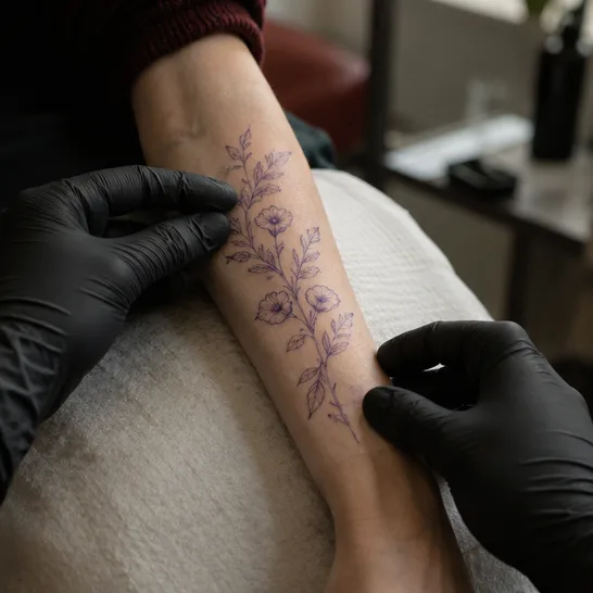 A stencil being lined up on a forearm before the session starts