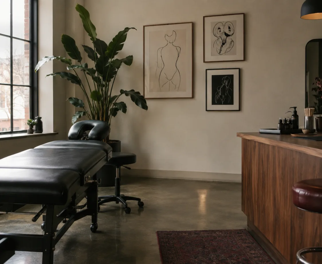 The studio's front room, with a black tattoo bed and framed line drawings