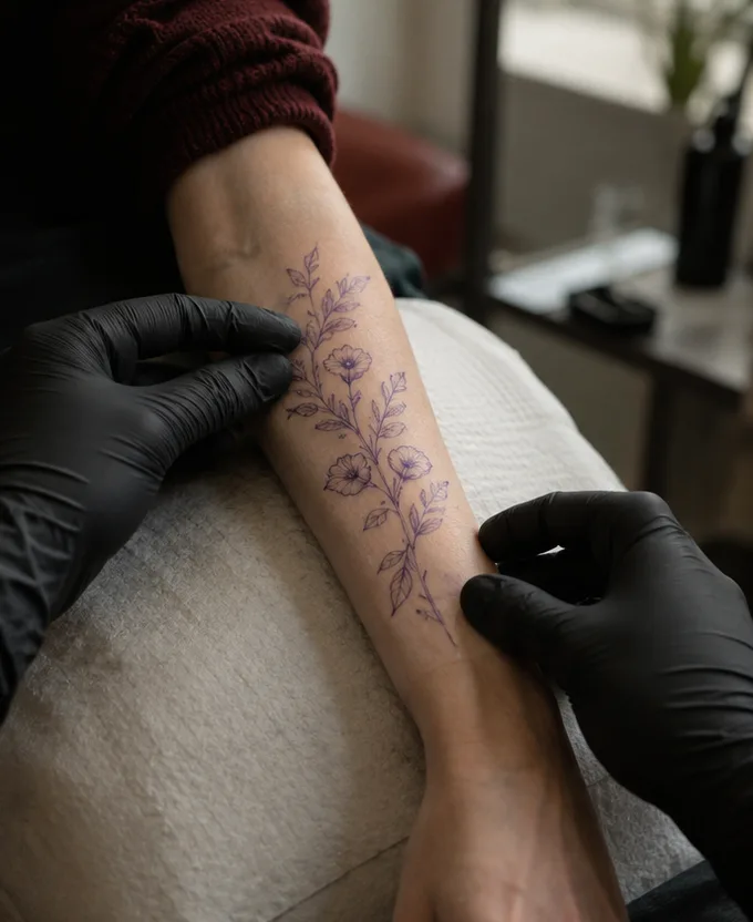 A purple stencil placed on a forearm before the tattoo begins