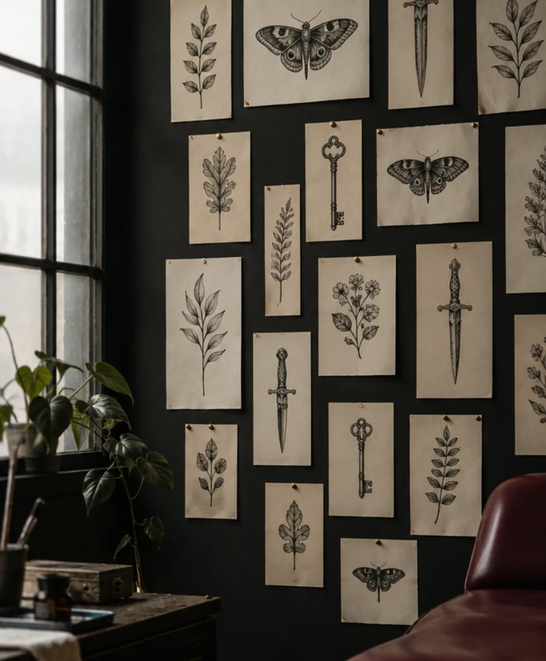 A wall of pinned flash sheets, original designs in black ink on cream paper