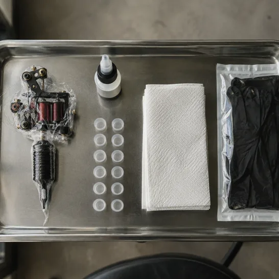 A wrapped machine, ink caps and gloves laid out on a clean steel tray