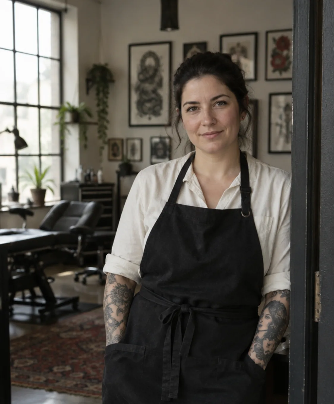 A resident artist in a black apron in the studio doorway