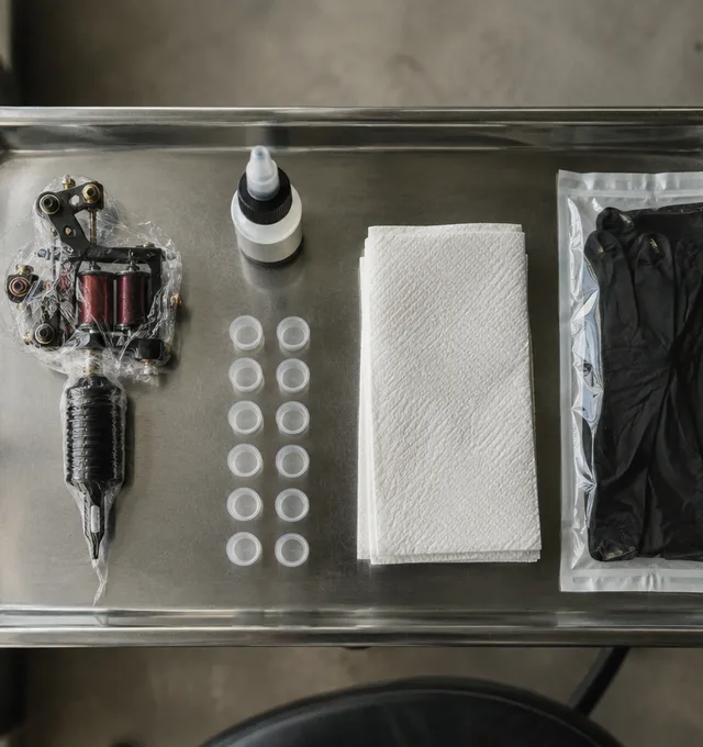A wrapped machine, ink caps and gloves laid out on a clean steel tray