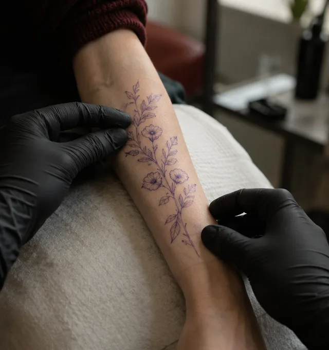 A stencil being lined up on a forearm before the session starts
