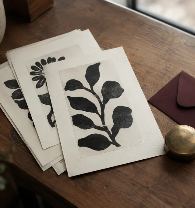 Screen-printed prints in black ink on cream paper, fanned on the counter