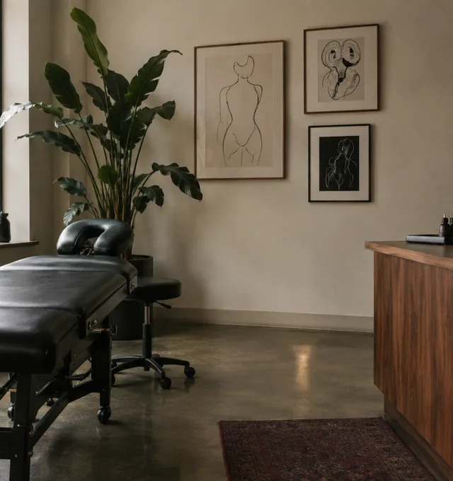 The studio counter and plant, seen from the far side of the room